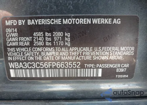 2015 BMW 320I xDrive z USA, uszkodzony, nr VIN WBA3C3C56FP663552